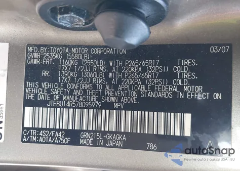 2007 Toyota 4Runner Sr5 V6 from USA, damaged, VIN JTEBU14R578095979